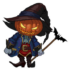 Halloween character Jack-o-lantern in a hat and carnival medieval costume. Vector isolated character for your design