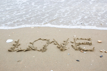 love word on beach with wave