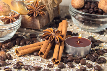 Spa still life with cinnamon and coffee beans.Soft focus.