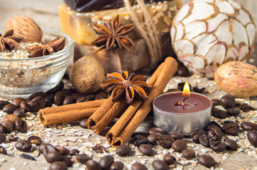 Spa still life with cinnamon and coffee beans.Soft focus.