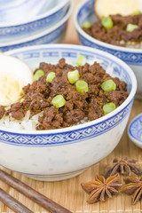 Lu Rou Fan (Taiwanese Braised Pork Rice Bowl) - Ground pork marinated and boiled in soy sauce served on top of steamed rice.
