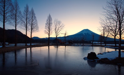 Mountain Fuji during sunrise with small lake at Fumoto para camping ground