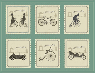 vintage stamp depicting bicycles, cars and a young couple on a green background.
  away arbor, a fence and a tree