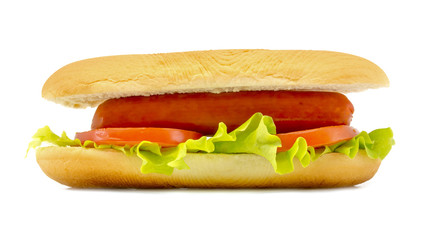 hot dog with fresh leaf lettuce two slices of tomato isolated on a white background
