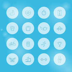 16 fitness, gym, training line round white icons, vector illustration, eps10, easy to edit
