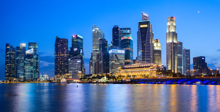 Evening view of Downtown Core Skyscrapers and Bayfront district. Singapore City state.