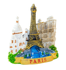 Fridge magnet shows landmarks of Paris: the Eiffel Tower, Notre Dame de Paris cathedral and the Basilique du Sacre Coeur.