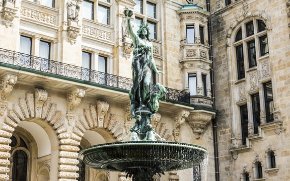 Hygieia Brunnen, Hamburg. Statue-fountain in front of city hall, Germany