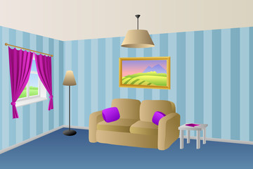 Modern living room blue beige sofa violet pink pillows lamps window illustration vector