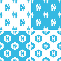 Love couple patterns set, simple and hexagon, blue and white