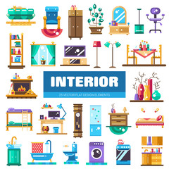 Set of modern flat design interior icons and elements. Domestic