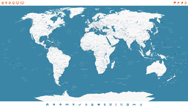 Steel Blue World Map and navigation icons - illustration. Highly detailed world map. Countries, cities, water objects.