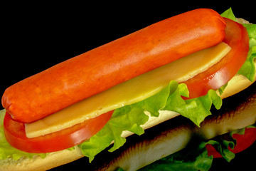 hot dog with fresh leaf lettuce two slices of tomato with reflection isolated on black background


