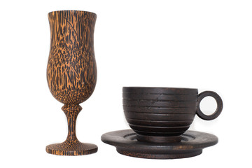 The wooden cup coffee with wood bottom plate and the wine wooden