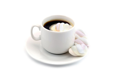 cup of coffee with marshmallows isolated on white background
