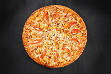 Hot tasty delicious rustic homemade american pizza with thick crust