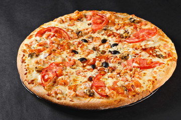 Hot tasty delicious rustic homemade american pizza with thick crust