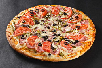 Hot tasty delicious rustic homemade american pizza with thick crust