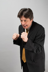 Business man in suit and tie with his fists raised ready for a fight.