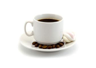cup of coffee with marshmallows isolated on white background
