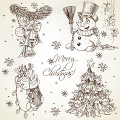 Merry Christmas vintage sketch draw set