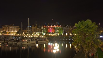 Victoria, BC, Canada - August 15: Busy Inner harbor night in Vic