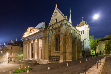 Side view of the St Pierre Cathedral in Geneva's old town, on a full moon night