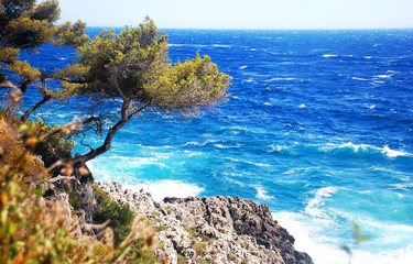Felsige Küste mit türkisblauem Meer