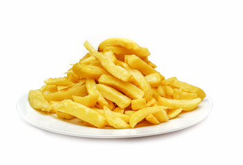 Potato Chips on white dish studio shot