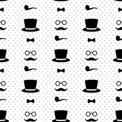 Seamless pattern with tobacco pipe, bow tie, hat, mustache and glasses on polka dots background. Hipster retro style vintage background. Black and white gentleman's set vector illustration.
