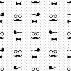 Seamless pattern with tobacco pipe, bow tie, mustache and glasses on polka dots background. Hipster retro style vintage background. Gentleman's set vector illustration. © in_dies_magis