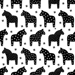 Black and white seamless scandinavian style pattern with traditional horses and snowflakes. Swedish Dala or Daleclarian horse seamless folk art pattern. - 90582179