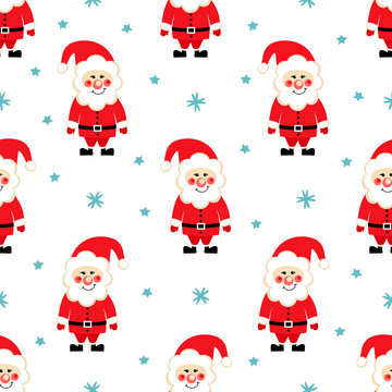 Seamless Christmas pattern with Santa Claus, snow and stars on white background. Cute Xmas background. Winter holidays texture.
