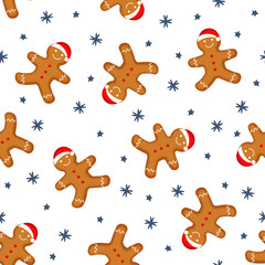 Gingerbread man is decorated in xmas hat seamless background texture. Cute vector pattern for new year's day, christmas, winter holiday, cooking, new year's eve, food, etc. Cute xmas background.