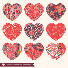 Autumn leaves set card. Autumn illustrations in the shape of heart. Nature symbol vector collection.