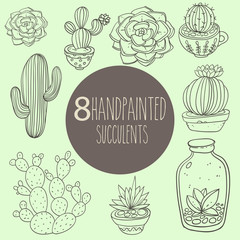 Vintage succulents and cactus vector plant elements handpainted seamless sketch pattern