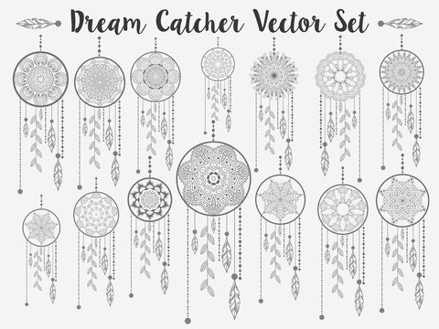 Dream catchers dreamcatcher aztec feather vector patterned set with decoration. Native american illustration