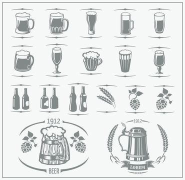 Beer set: mugs and bottles, barley, beer labels and logos. Isolated elements for Oktoberfest.