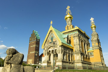 Hochzeitsturm und Russisch Orthodoxe Kapelle auf der Mathildenhöhe in Darmstadt