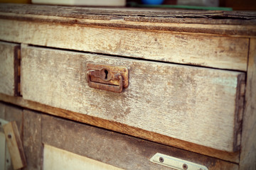 Old wooden drawer, close-up