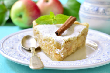 Piece of apple pie with cinnamon.
