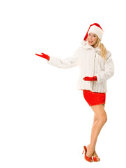 Sexy Girl dressed as Santa Claus Points Finger to Copy Spaces