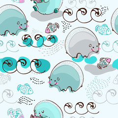 cartoon polar bear fishing salmon, seamless pattern