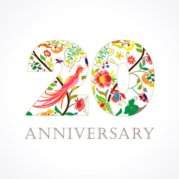 20 anniversary folk logo. Template logo 20th anniversary in folk style with bird. 