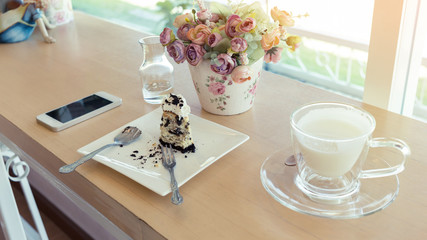 hot drink milk with cake in the morning
