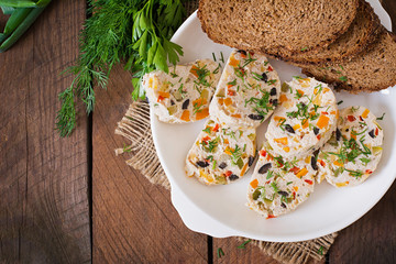 Sandwiches chicken meat loaf with vegetables. Top view
