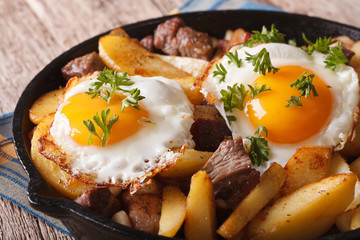 fried potatoes with meat, ham and eggs in a pan close-up. horizontal
