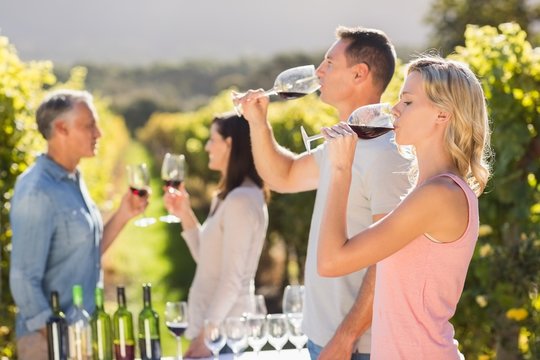 Couple drinking in front of other couple talking and drinking