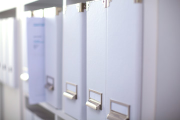 File folders, standing on  shelves in the background
