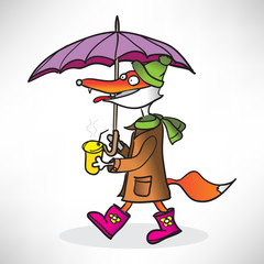 red fox in a raincoat with coffee, pink boots and a umbrella in